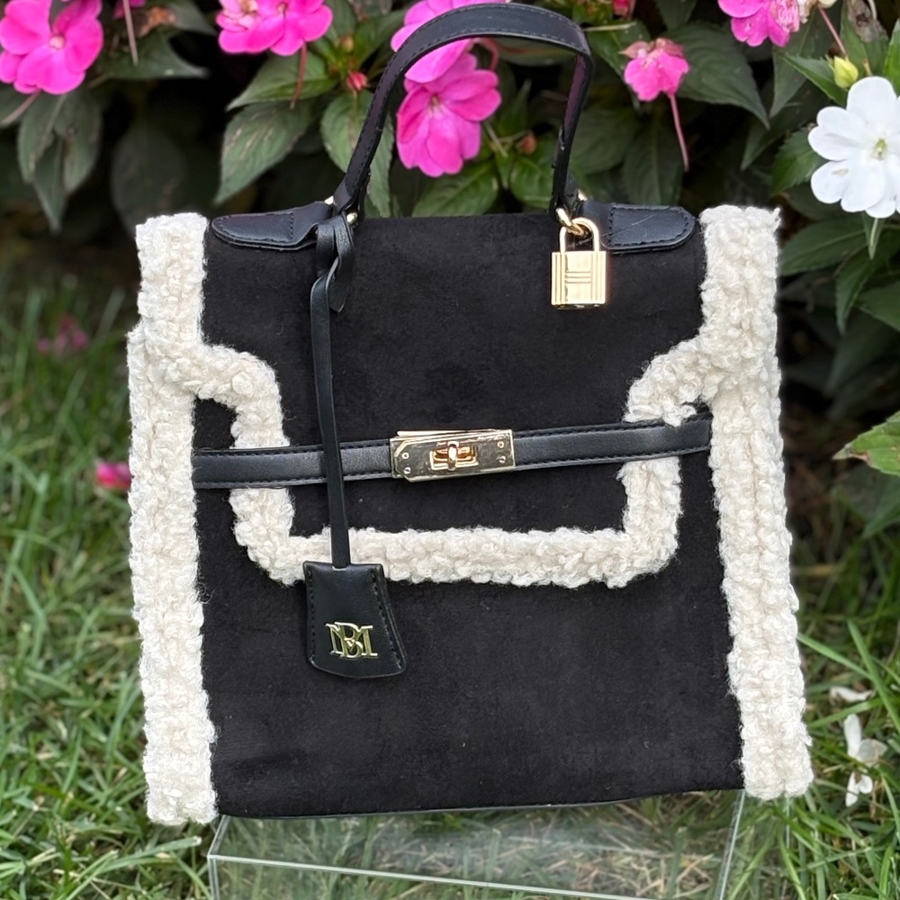 Badgeley Mitschka Fur Boarder Black Satchel Bag New